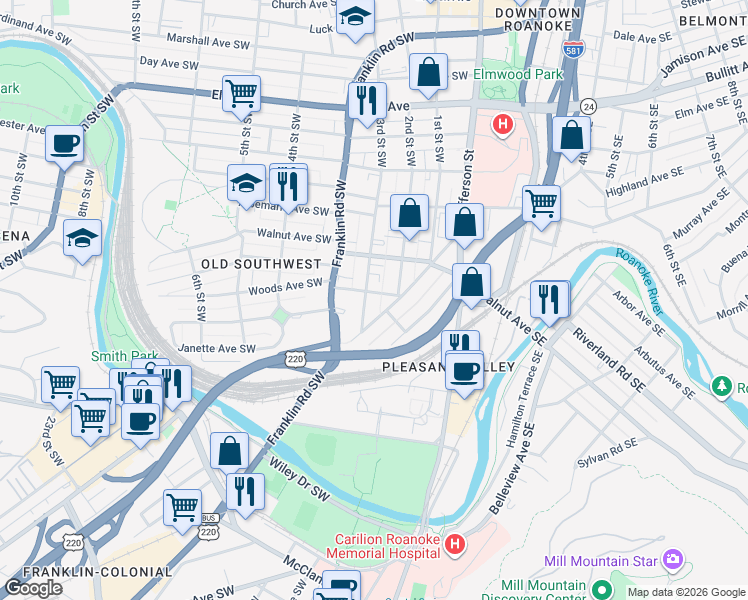 map of restaurants, bars, coffee shops, grocery stores, and more near 1410 3rd Street Southwest in Roanoke