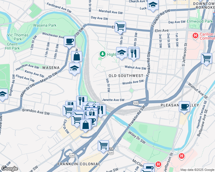 map of restaurants, bars, coffee shops, grocery stores, and more near 606 Woods Avenue Southwest in Roanoke