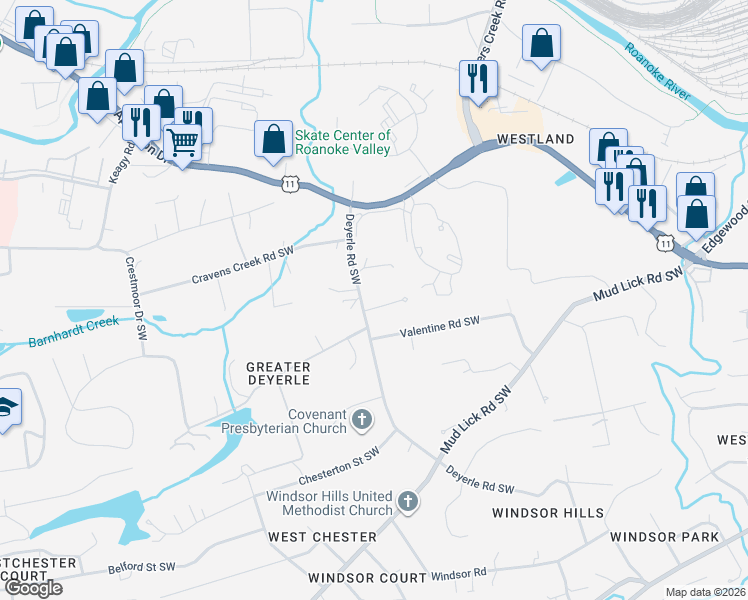 map of restaurants, bars, coffee shops, grocery stores, and more near 1565-1599 Deyerle Road Southwest in Roanoke