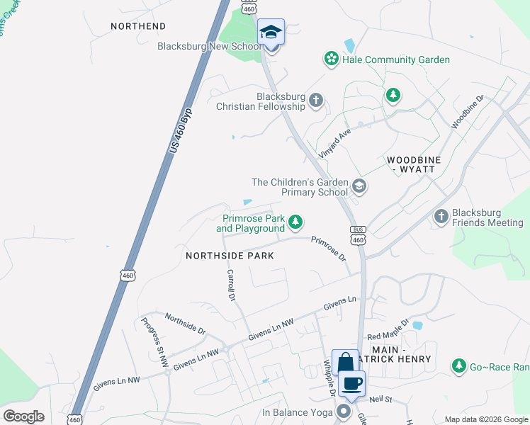 map of restaurants, bars, coffee shops, grocery stores, and more near 2101 Walnut Drive in Blacksburg