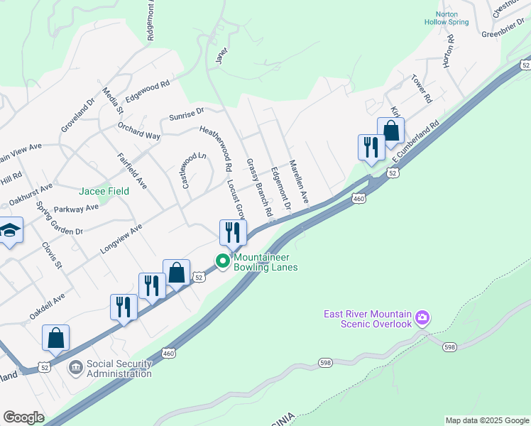 map of restaurants, bars, coffee shops, grocery stores, and more near 3132 Grassy Branch Road in Bluefield