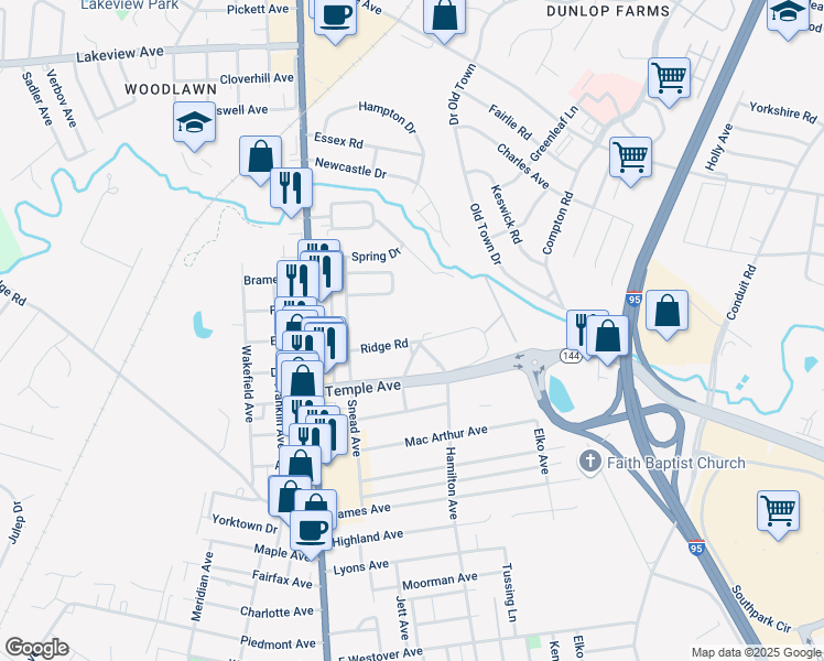 map of restaurants, bars, coffee shops, grocery stores, and more near 216 Ridge Road in Colonial Heights