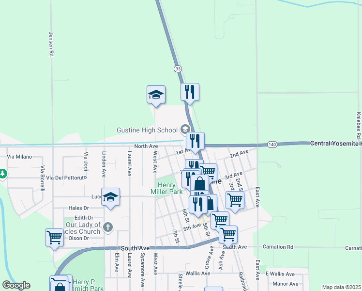 map of restaurants, bars, coffee shops, grocery stores, and more near 501 North Avenue in Gustine