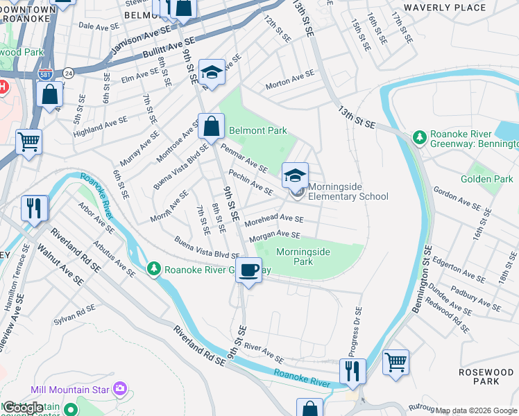map of restaurants, bars, coffee shops, grocery stores, and more near 952 Morehead Avenue Southeast in Roanoke