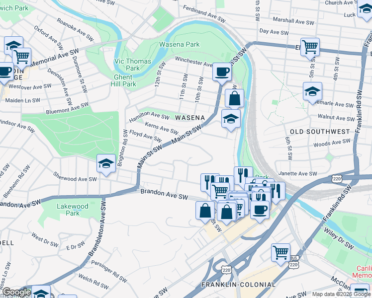 map of restaurants, bars, coffee shops, grocery stores, and more near 934 Floyd Avenue Southwest in Roanoke
