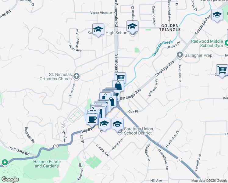 map of restaurants, bars, coffee shops, grocery stores, and more near 20510 Brookwood Lane in Saratoga