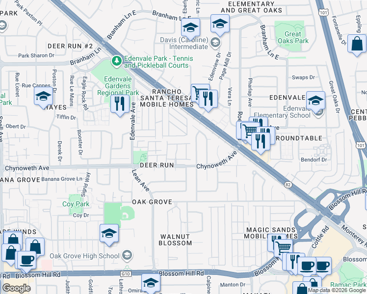 map of restaurants, bars, coffee shops, grocery stores, and more near 5245 Country Forge Lane in San Jose