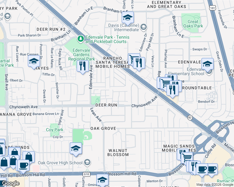 map of restaurants, bars, coffee shops, grocery stores, and more near in San Jose