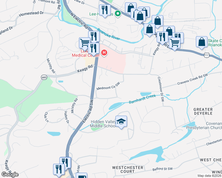map of restaurants, bars, coffee shops, grocery stores, and more near 5216 Medmont Circle Southwest in Roanoke