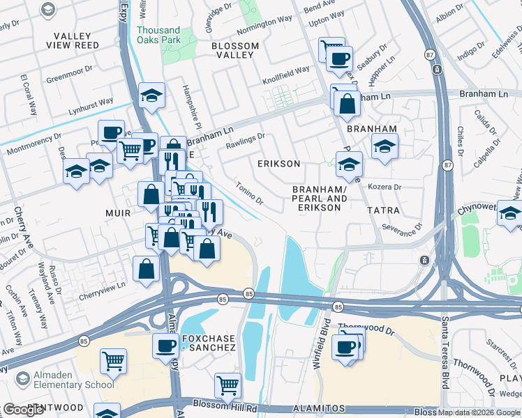 map of restaurants, bars, coffee shops, grocery stores, and more near 4871 Tonino Drive in San Jose