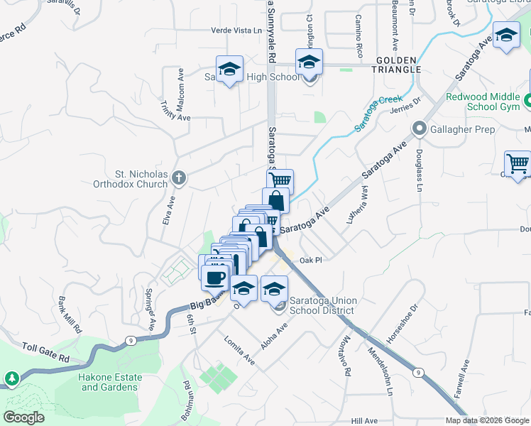 map of restaurants, bars, coffee shops, grocery stores, and more near 20510 Brookwood Lane in Saratoga