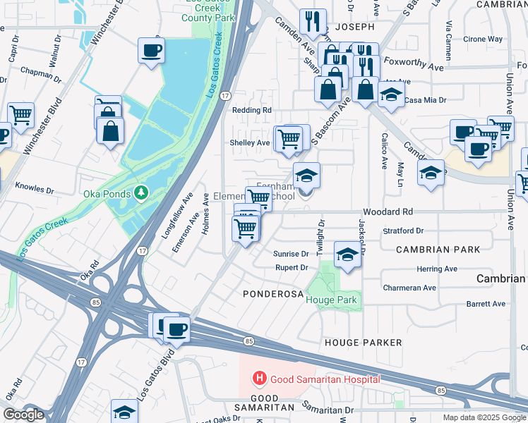 map of restaurants, bars, coffee shops, grocery stores, and more near S Bascom Ave & Woodard Rd in San Jose