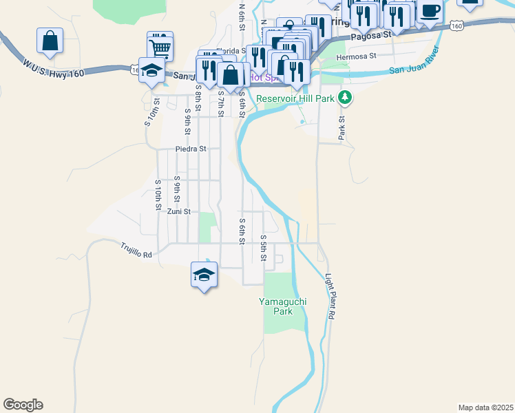 map of restaurants, bars, coffee shops, grocery stores, and more near 475 Zuni Street in Pagosa Springs