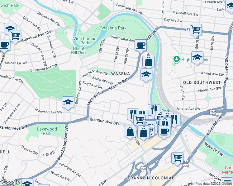 map of restaurants, bars, coffee shops, grocery stores, and more near 817 Welton Avenue Southwest in Roanoke