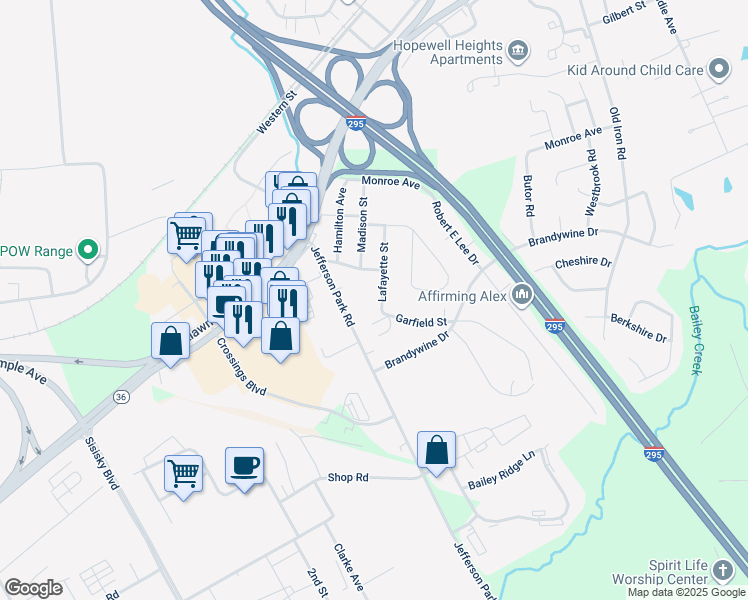 map of restaurants, bars, coffee shops, grocery stores, and more near 3812 Lafayette Street in Hopewell