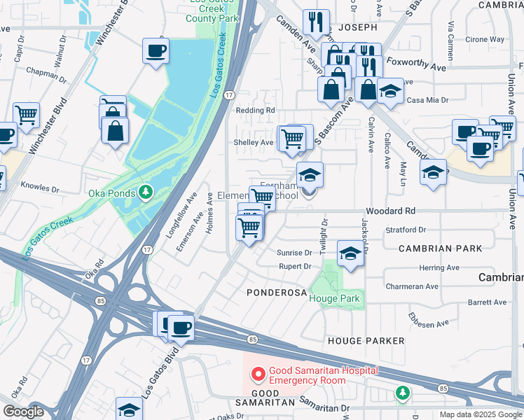 map of restaurants, bars, coffee shops, grocery stores, and more near in San Jose