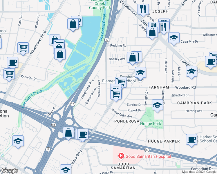 map of restaurants, bars, coffee shops, grocery stores, and more near 369 Hatcher Court in Campbell
