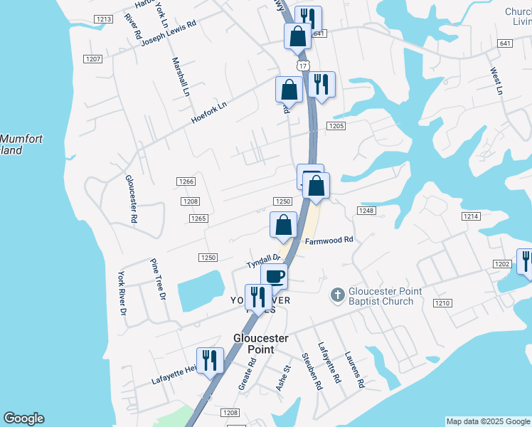 map of restaurants, bars, coffee shops, grocery stores, and more near 7570 Bellehaven Drive in Gloucester Point