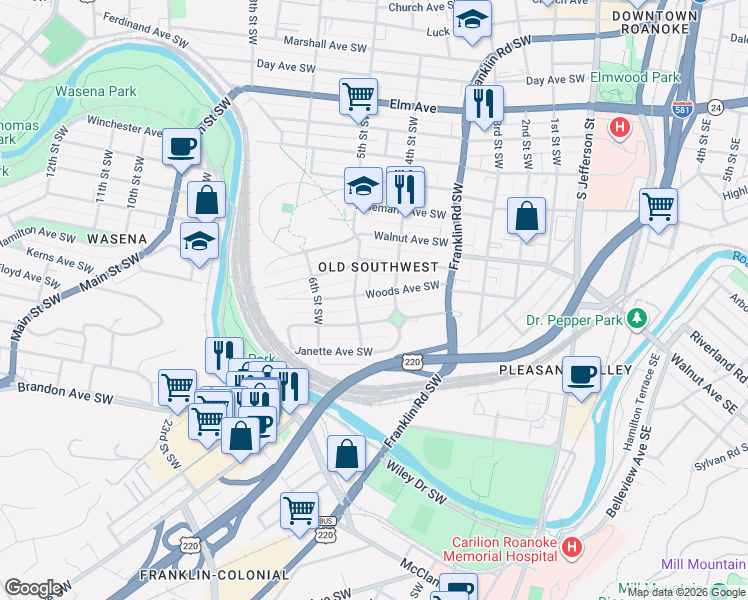 map of restaurants, bars, coffee shops, grocery stores, and more near 415 King George Avenue Southwest in Roanoke