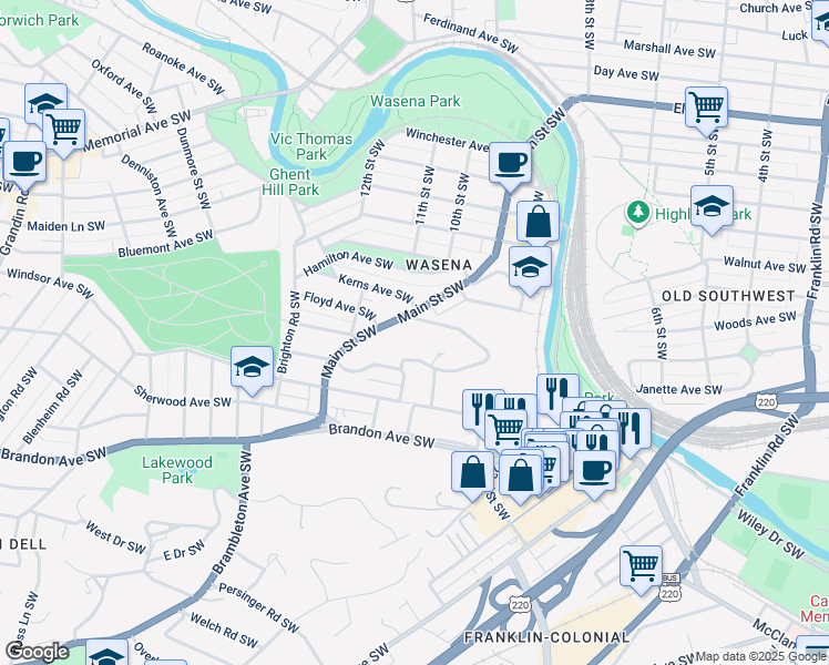 map of restaurants, bars, coffee shops, grocery stores, and more near 817 Welton Avenue Southwest in Roanoke