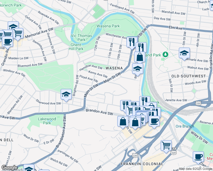 map of restaurants, bars, coffee shops, grocery stores, and more near 817 Welton Avenue Southwest in Roanoke