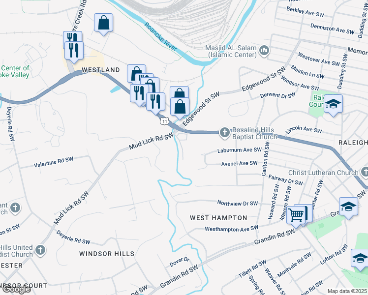 map of restaurants, bars, coffee shops, grocery stores, and more near 2116-2172 Southall Pl SW in Roanoke