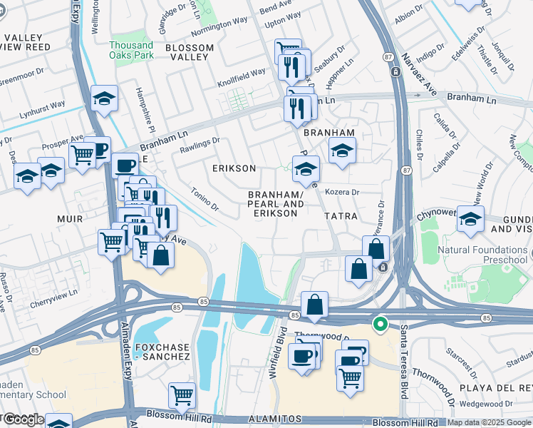 map of restaurants, bars, coffee shops, grocery stores, and more near 5012 Moonstone Court in San Jose
