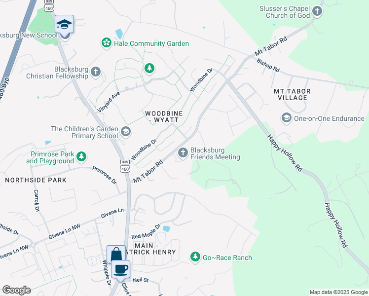 map of restaurants, bars, coffee shops, grocery stores, and more near 502 Mount Tabor Road in Blacksburg