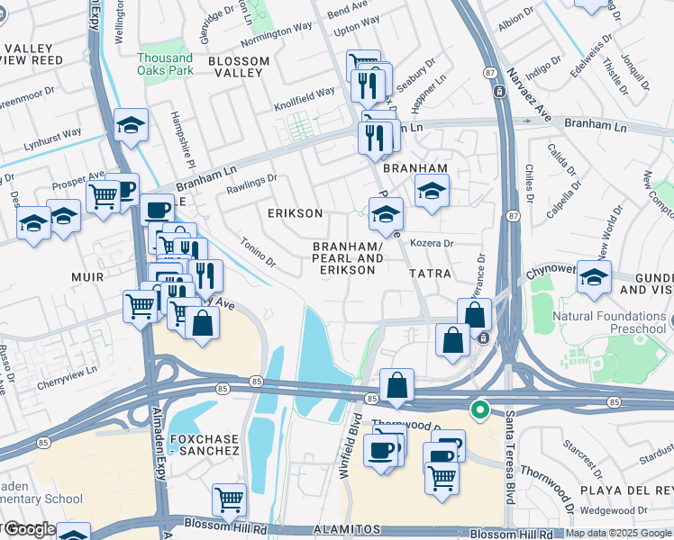 map of restaurants, bars, coffee shops, grocery stores, and more near 5012 Moonstone Court in San Jose