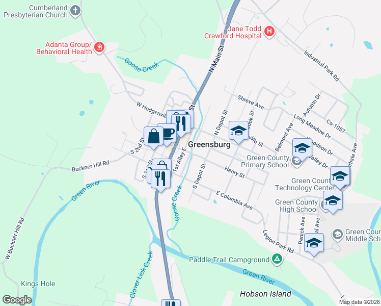 map of restaurants, bars, coffee shops, grocery stores, and more near East Court Street in Greensburg