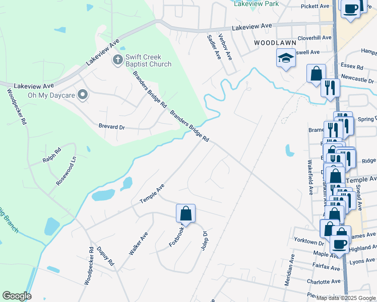map of restaurants, bars, coffee shops, grocery stores, and more near 19110 Temple Avenue in Ettrick