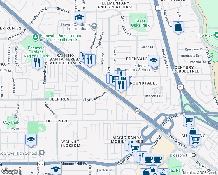 map of restaurants, bars, coffee shops, grocery stores, and more near Monterey Rd & Chynoweth Ave in San Jose