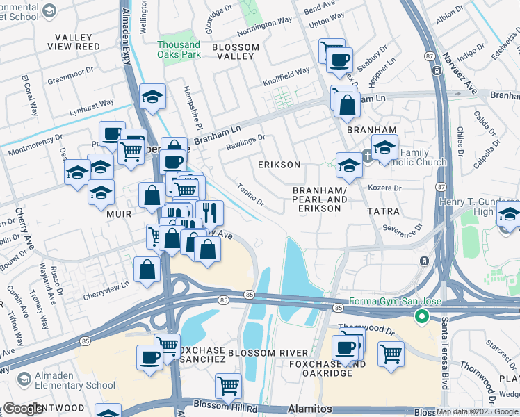 map of restaurants, bars, coffee shops, grocery stores, and more near 4865 Tonino Drive in San Jose