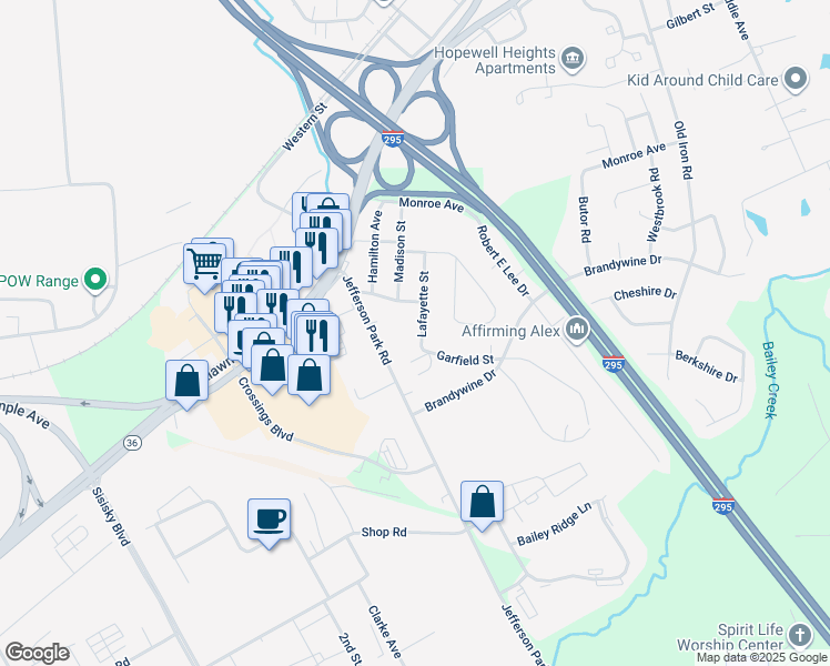 map of restaurants, bars, coffee shops, grocery stores, and more near 3812 Lafayette Street in Hopewell