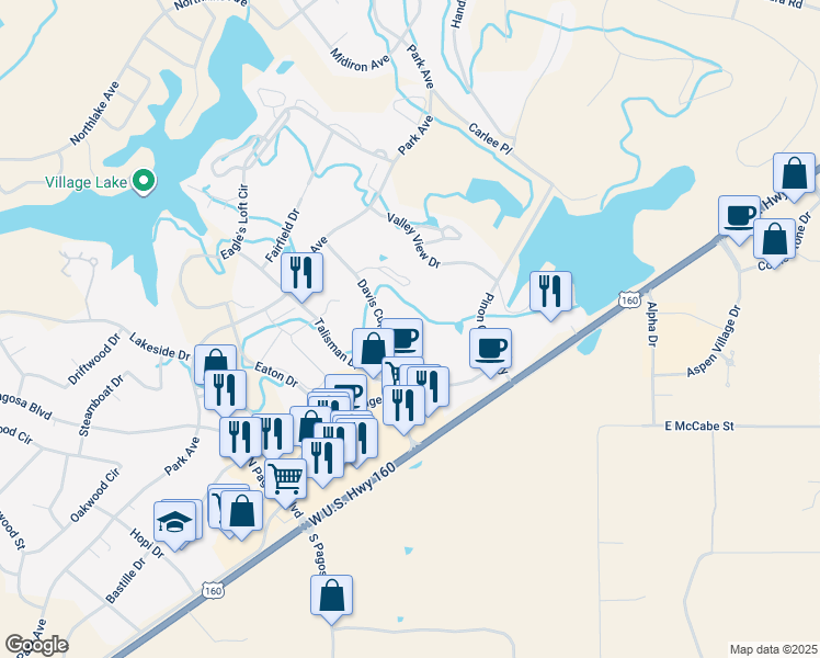 map of restaurants, bars, coffee shops, grocery stores, and more near 145 Davis Cup Drive in Pagosa Springs