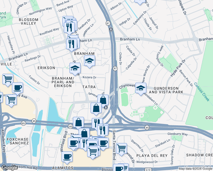 map of restaurants, bars, coffee shops, grocery stores, and more near 5044 Severance Drive in San Jose