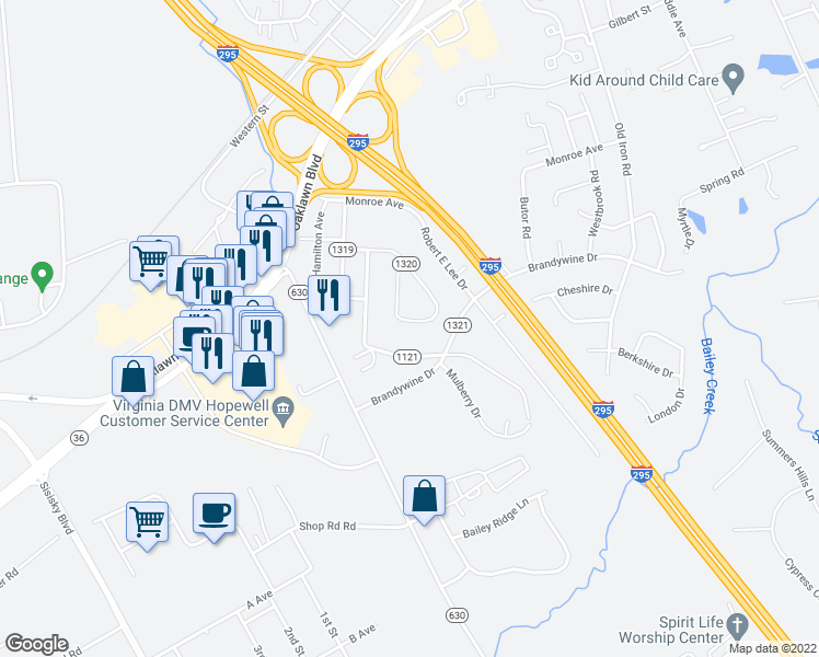 map of restaurants, bars, coffee shops, grocery stores, and more near 523 Briarwood Circle in Hopewell