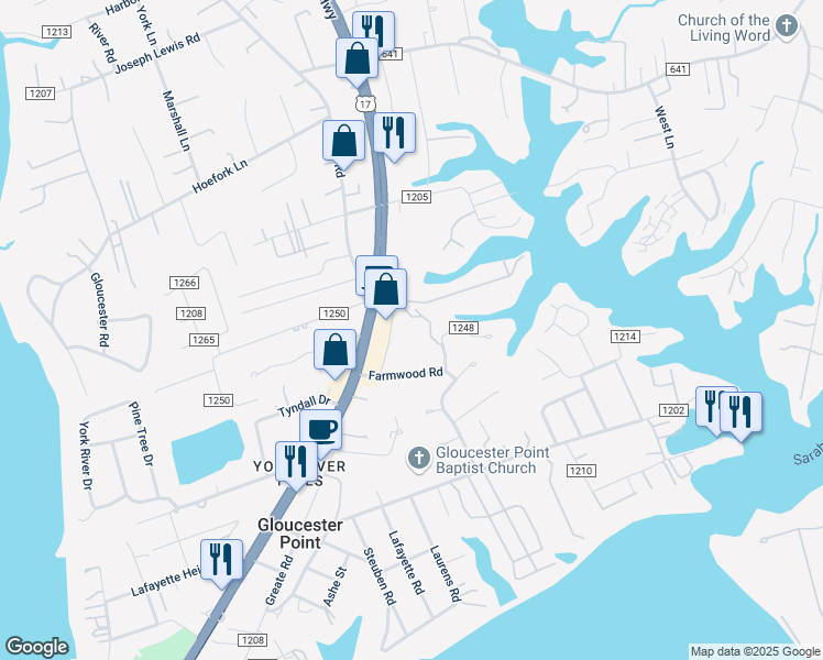 map of restaurants, bars, coffee shops, grocery stores, and more near 7746 Colonial Point Ln in Gloucester Point