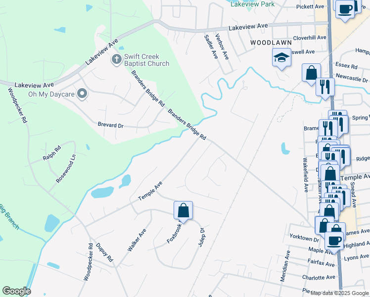map of restaurants, bars, coffee shops, grocery stores, and more near 19110 Temple Avenue in Ettrick