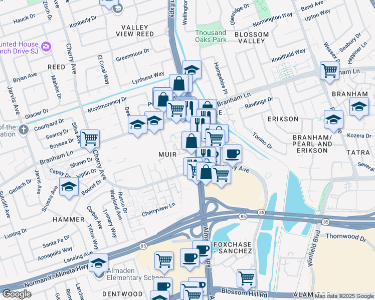 map of restaurants, bars, coffee shops, grocery stores, and more near 1117 Dinkel Court in San Jose