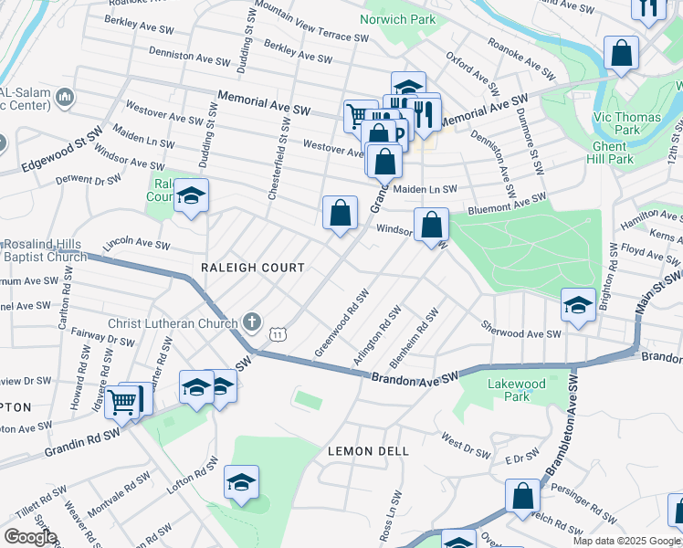 map of restaurants, bars, coffee shops, grocery stores, and more near 1806 Grandin Road Southwest in Roanoke