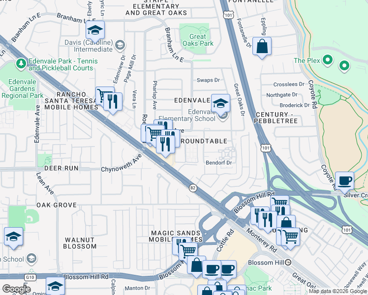 map of restaurants, bars, coffee shops, grocery stores, and more near Driveway in San Jose