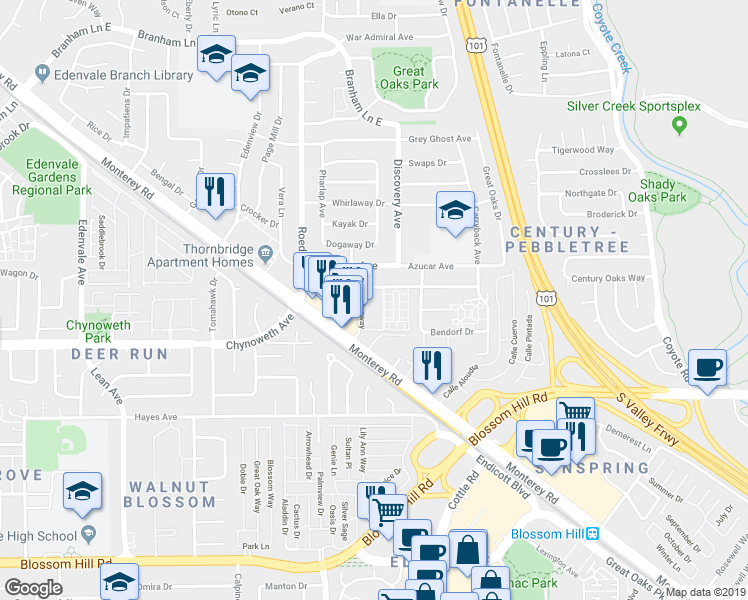map of restaurants, bars, coffee shops, grocery stores, and more near 110 Roundtable Drive in San Jose