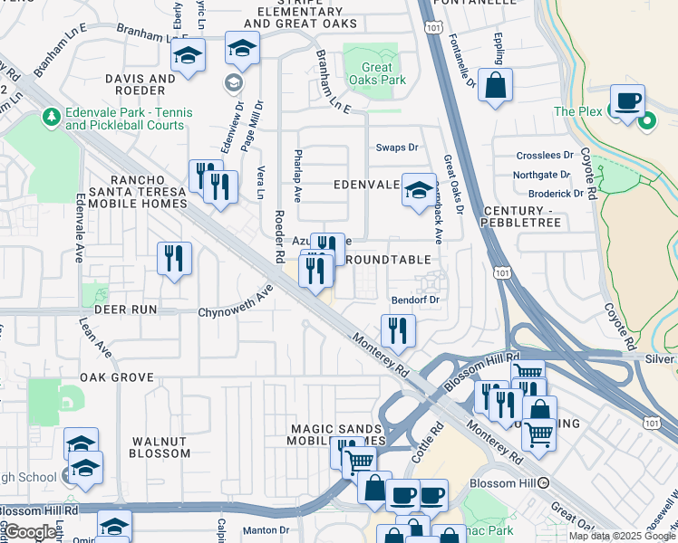 map of restaurants, bars, coffee shops, grocery stores, and more near 5320 Monterey Road in San Jose