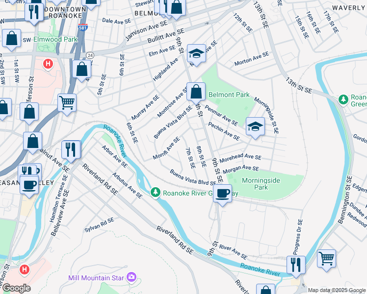 map of restaurants, bars, coffee shops, grocery stores, and more near 1513 7th Street Southeast in Roanoke