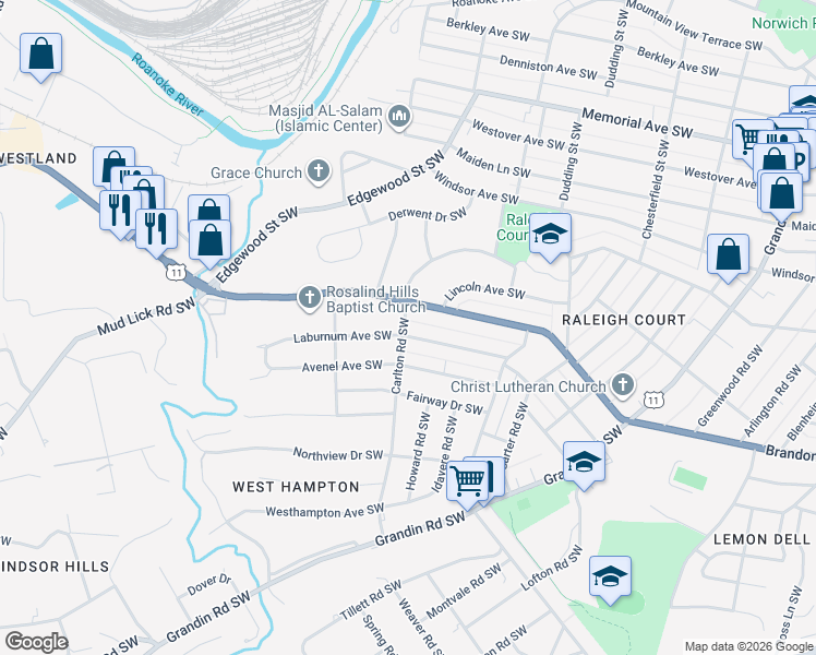 map of restaurants, bars, coffee shops, grocery stores, and more near 2522 Laburnum Avenue Southwest in Roanoke
