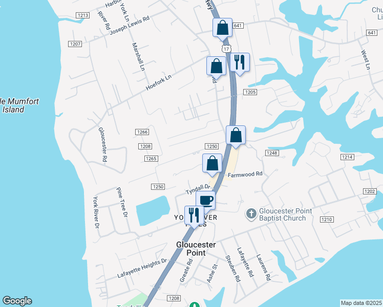 map of restaurants, bars, coffee shops, grocery stores, and more near State Route 1250 in Gloucester Point