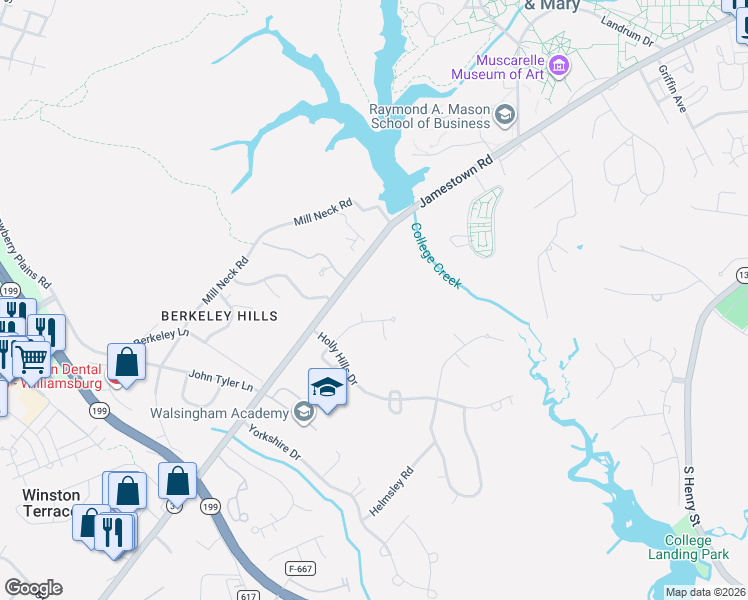 map of restaurants, bars, coffee shops, grocery stores, and more near 100 Jones Mill Lane in Williamsburg