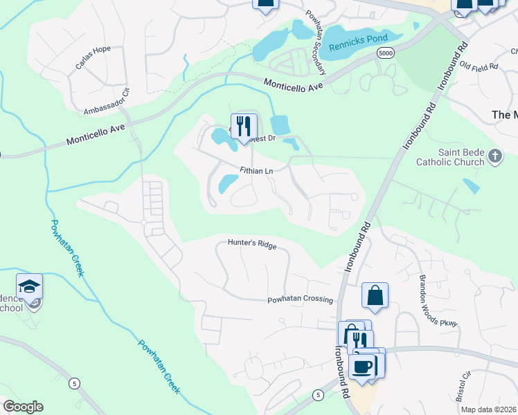 map of restaurants, bars, coffee shops, grocery stores, and more near 127 Pineside Drive in Williamsburg