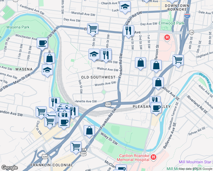 map of restaurants, bars, coffee shops, grocery stores, and more near 331 King George Avenue Southwest in Roanoke